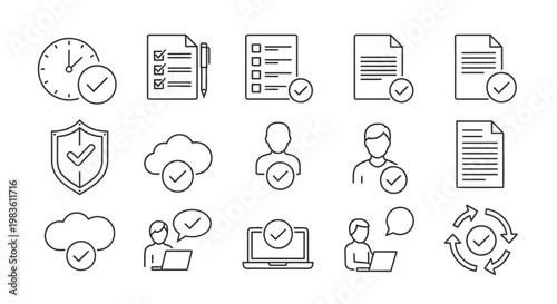 Collection of Line Icons Representing Various Business Concepts Such as Time Management, Documents, Security, Cloud Storage, User Profiles, and Workflow Processes