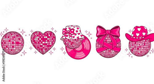 Playful Collection of Pink Disco Balls Adorned with Heart Patterns and Festive Party Accessories, Perfect for Celebratory Designs and Retro Events