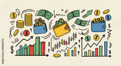 A colorful illustration depicts various financial elements like wallets, coins, and charts moving upwards.