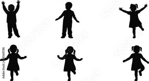 Silhouettes of children joyfully jumping and playing outdoors
