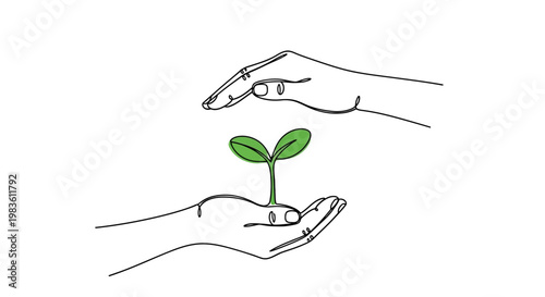 Two hands gently cradling a small green plant sprout, symbolizing protection, growth, and care for nature and the environment