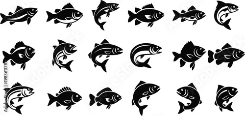 Black silhouette fish collection diverse aquatic life in graphic design
