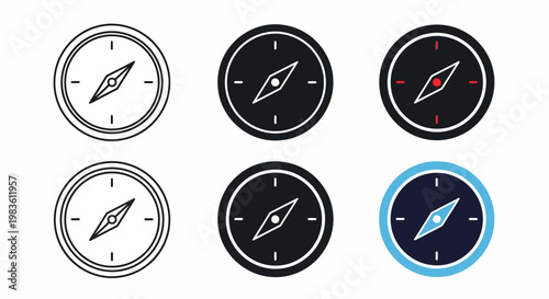 Collection of compass icons, representing navigation, direction, and travel for various design applications
