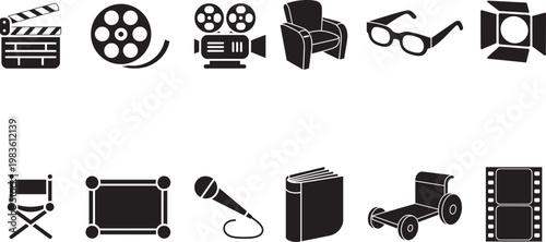 12 black silhouette vector icons for film and cinema production including clapperboard camera