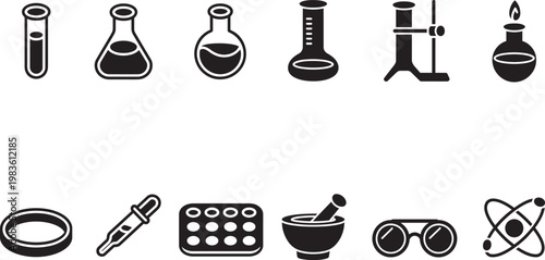 12 science and chemistry laboratory equipment icons set featuring various research tools vector