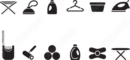 12 household laundry and cleaning equipment icons vector illustration set, featuring