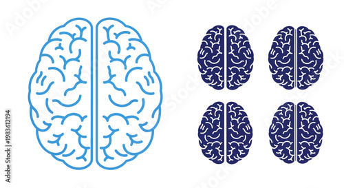 Abstract graphic illustration set featuring human brain outlines and solid icons, symbolizing thought, intelligence, and cognitive function