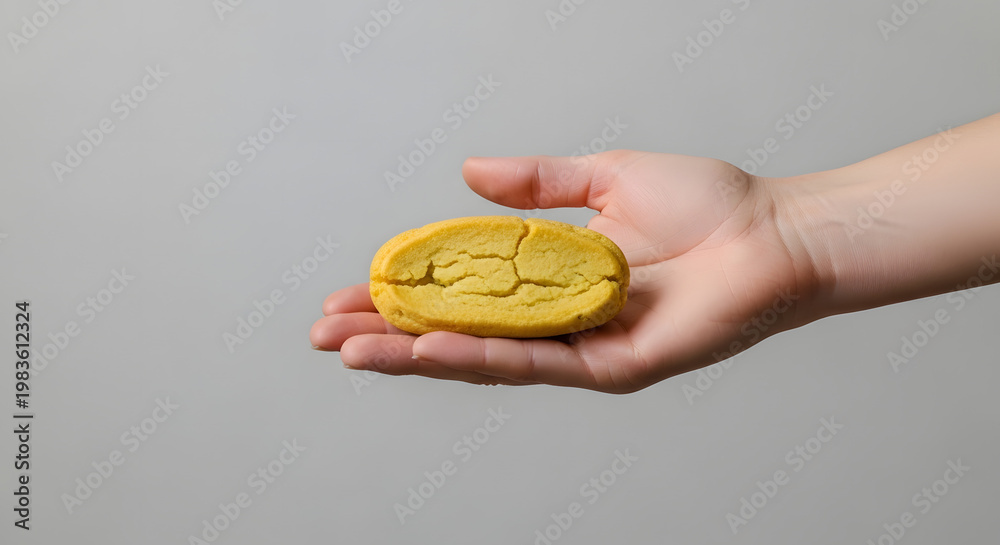 Fototapeta premium Close up of a human hand holding a yellow cracked cookie. Dry oval biscuit presented on an open palm against a solid gray background. Minimalist food concept with copy space