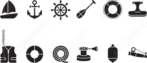 Nautical boat icons including anchor, sailboat, life jacket, and helm in black vector style