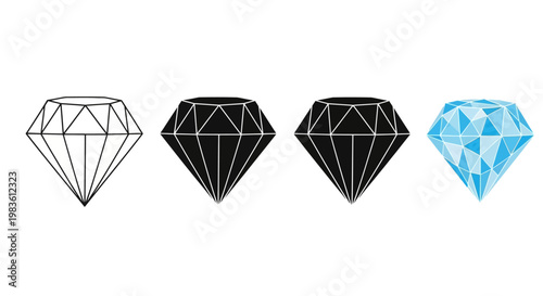 Four stylized diamond icons illustrating different styles outline, solid black, and faceted blue, showcasing gem representations