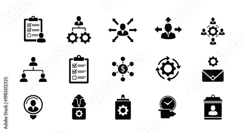 Essential Business Management and Organizational Vector Icons A comprehensive set for administrative tasks, project planning, team structure, and strategic operations