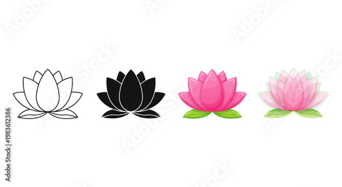 Set of four lotus flower icons in different styles outline, silhouette, and two colored variations, symbolizing peace and purity