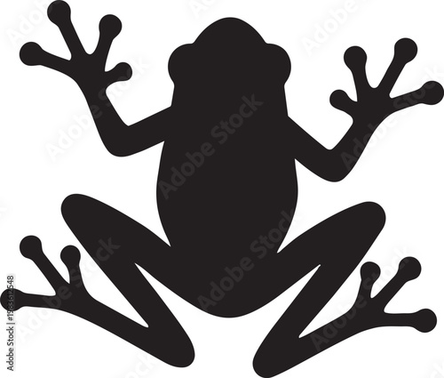 A stylized black silhouette of a frog with outstretched limbs