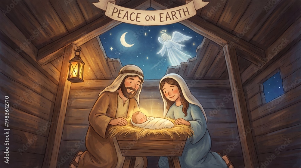 Obraz premium Jesus, woman and man in nativity scene. Holy family with baby in manger inside wooden stable. Christian religion art with angel, star and night sky. Christmas holiday illustration.