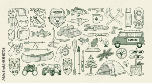 Camping and Outdoor Adventure Gear Collection Backpacks, Tents, and Canoes for Exploring Nature