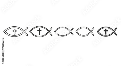 A curated collection of spiritual fish outline symbols, some featuring integrated cross designs, representing diverse facets of faith, belief, and religious identity in a clean, minimalist style