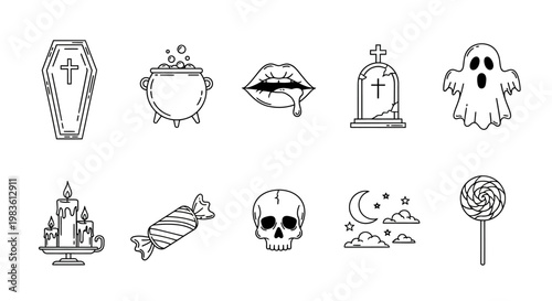 A collection of Halloween-themed icons including a coffin, cauldron, lips, tombstone, ghost, candle, candy, skull, and lollipop