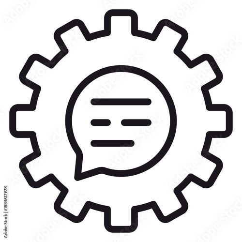 Fotografie Black vector icon illustration of a gear cogwheel containing a speech bubble with text lines, symbolizing automated communication, chat settings, technical support, and messaging optimization