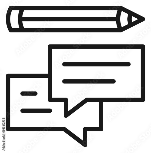 Black line vector icon illustration of a pencil and speech bubbles, representing writing, editing, blogging, feedback, and communication. Minimalist graphic symbol for web and app design.