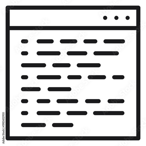 Minimalist black vector icon of a browser window or code editor interface with lines of text, representing software development, web design, programming, and digital technology concepts.