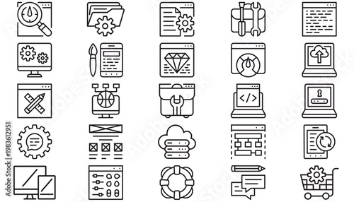 25 Black Vector Icon Set Collection for Web Development, UI/UX Design, Software Programming, Cloud Computing, SEO Analytics, E-commerce, Technical Support, Maintenance, and Digital Technology.