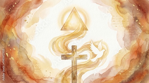 Watercolor illustration of the holy trinity with cross, dove and triangle. Religious art depicting christian faith, spirituality and god. Symbol for easter and church tradition.