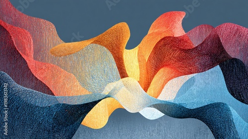 Dynamic digital art featuring flowing 3D ribbons in vibrant ruby red, golden yellow, and cool cerulean blue, creating an abstract, textured, and energetic composition.