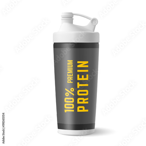 Plastic shaker bottle vector realistic mockup, premium protein label, fitness bottle for gym, container with flip lid