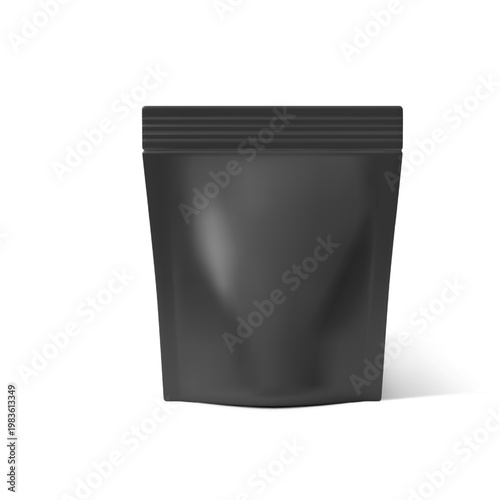 Black zip bag, paper plastic bag, vector 3D realistic stand up pouch package mockup sport nutrition, supplement products