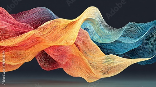 Intricate 3D ribbons in a spectrum of ruby red, golden yellow, and cool blue hues flow and intertwine, creating a dynamic, textured, and visually captivating digital artwork.