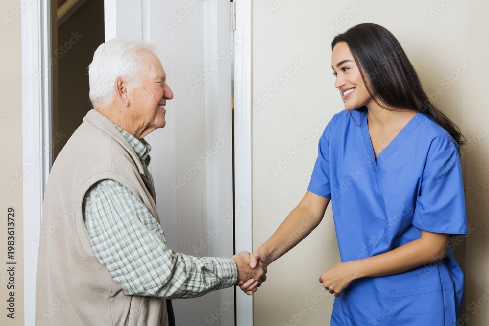 Obraz premium Female nurse in blue scrubs shaking hands with a senior man