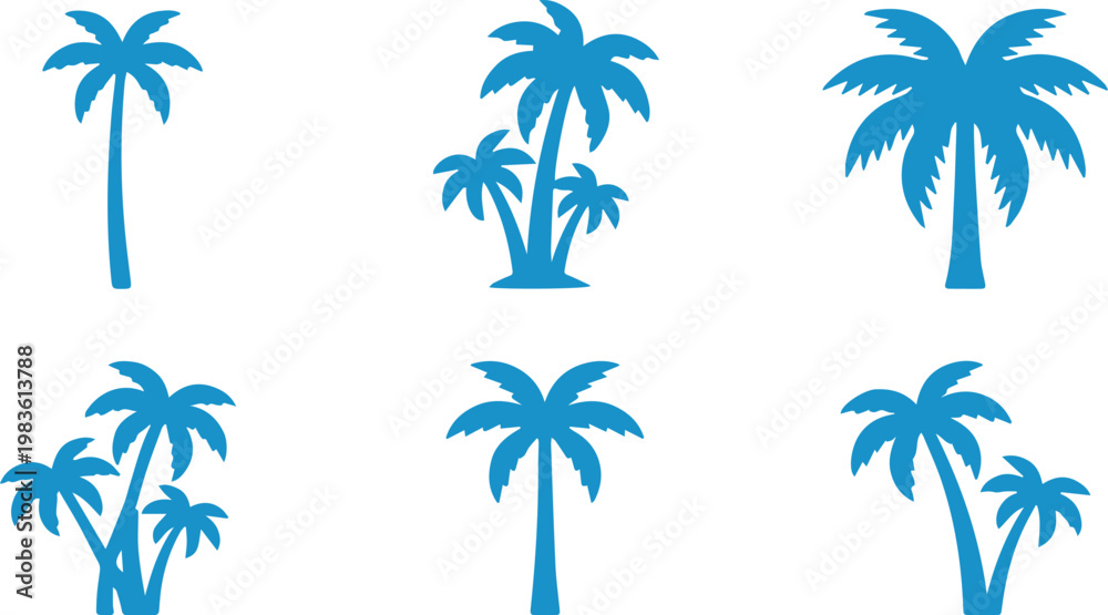 Fototapeta premium Blue Palm Tree Icons, Vector Tropical Palm Silhouettes, Summer Beach Symbols, 6 Graphic Elements