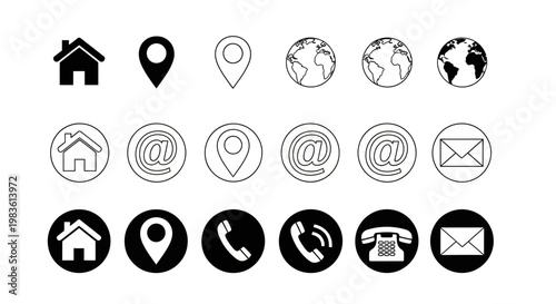 Collection of Essential Contact Icons Home, Location, Email, Phone, and Globe for Websites and Apps