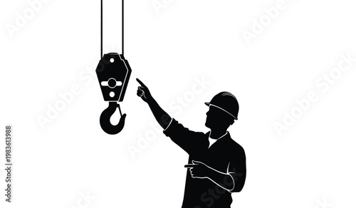 A stark black silhouette depicts a construction worker directing operations with a heavy duty overhead crane and hook silhouette high quality professional detailed modern