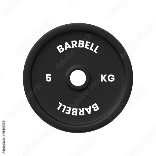 Barbell or dumbbell weight plate 5 five kilograms realistic 3D vector icon, gym weight lifting workout sport equipment