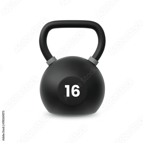 Kettlebell sixteen 16 kilograms realistic 3D vector icon, gym strength training, sport equipment weight lifting exercise