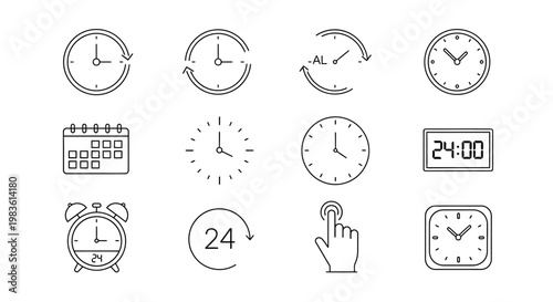 Collection of Clock and Calendar Icons representing Time, Schedules, and Daily Planning