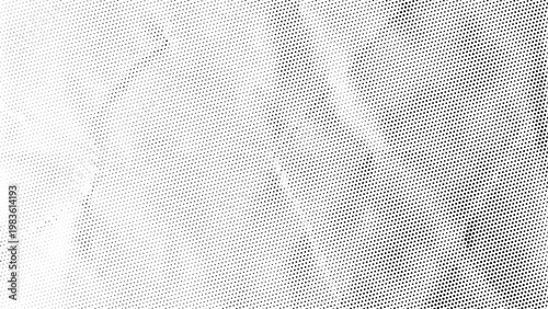 Halftone pattern texture on white paper background. Monochrome abstract background with black dots. Grunge distressed gradient effect for retro design and artistic print graphic overlay.