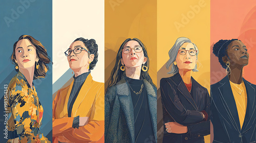 Diverse group of five women with varying hairstyles and outfits, standing confidently against a colorful background, showcasing individuality and strength in a stylized illustration