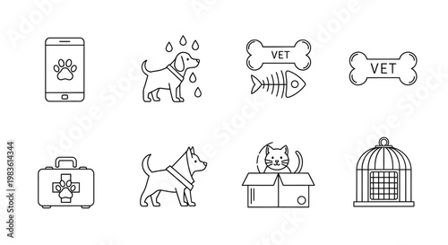 Collection of vector icons representing veterinary and pet care services, including medical equipment and animal symbols