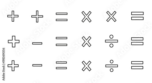 Clean line art icons depicting fundamental mathematical operations plus, minus, multiply, divide, and equals signs for arithmetic and educational applications