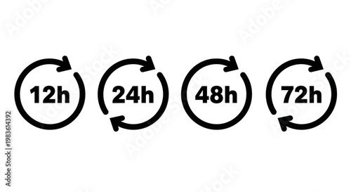 Circular arrows indicating time durations of 12h, 24h, 48h, and 72h, symbolizing cycles and schedules