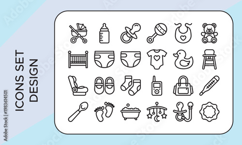 Baby Care Icons Set. Babies Care icon pack. Baby line icon set. Minimalist vector collections. Contain linear symbols child care, newborn, child, care Diaper, Feeding Bottle, Baby Bath, Pacifier and N