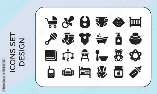 Newborn Baby Care Icons Set, Baby Icons Set Design, Baby Care and Newborn Essentials Icon Set,