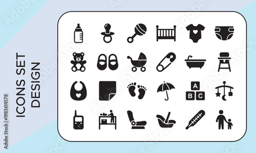 Newborn Baby Care Icons Set, Baby Icons Set Design, Baby Care and Newborn Essentials Icon Set,