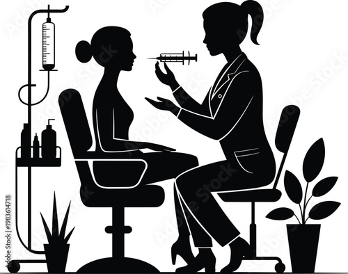 Medical aesthetician performing a professional facial cosmetic injection treatment on a female patient in a modern wellness clinic silhouette