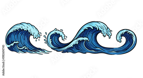 Dynamic Hand-Drawn Ocean Waves Collection Depicting Powerful Sea Movement and Aquatic Energy for Nautical Design Elements