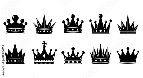 Collection of royal crowns and heraldic symbols of power and monarchy, representing nobility and regal authority in various artistic designs