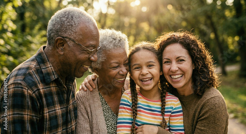 Generations of Joy: A multi-generational family beams with shared happiness and love in a sun-drenched outdoor scene, creating a sense of togetherness and warmth.