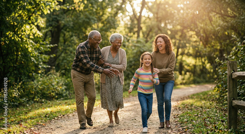 Generational Bonds: A multigenerational family enjoys a joyful stroll through a sun-drenched park, capturing the essence of togetherness, love, and cherished moments.
